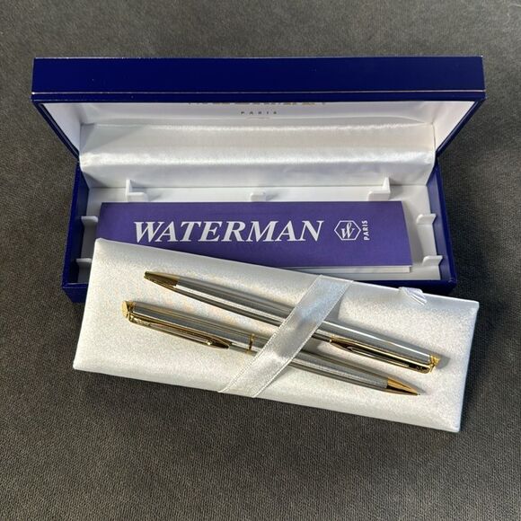 Waterman Stainless Steel Ball Point Pen & Pencil Set Silver Gold Trim Medium NEW - Picture 3 of 14